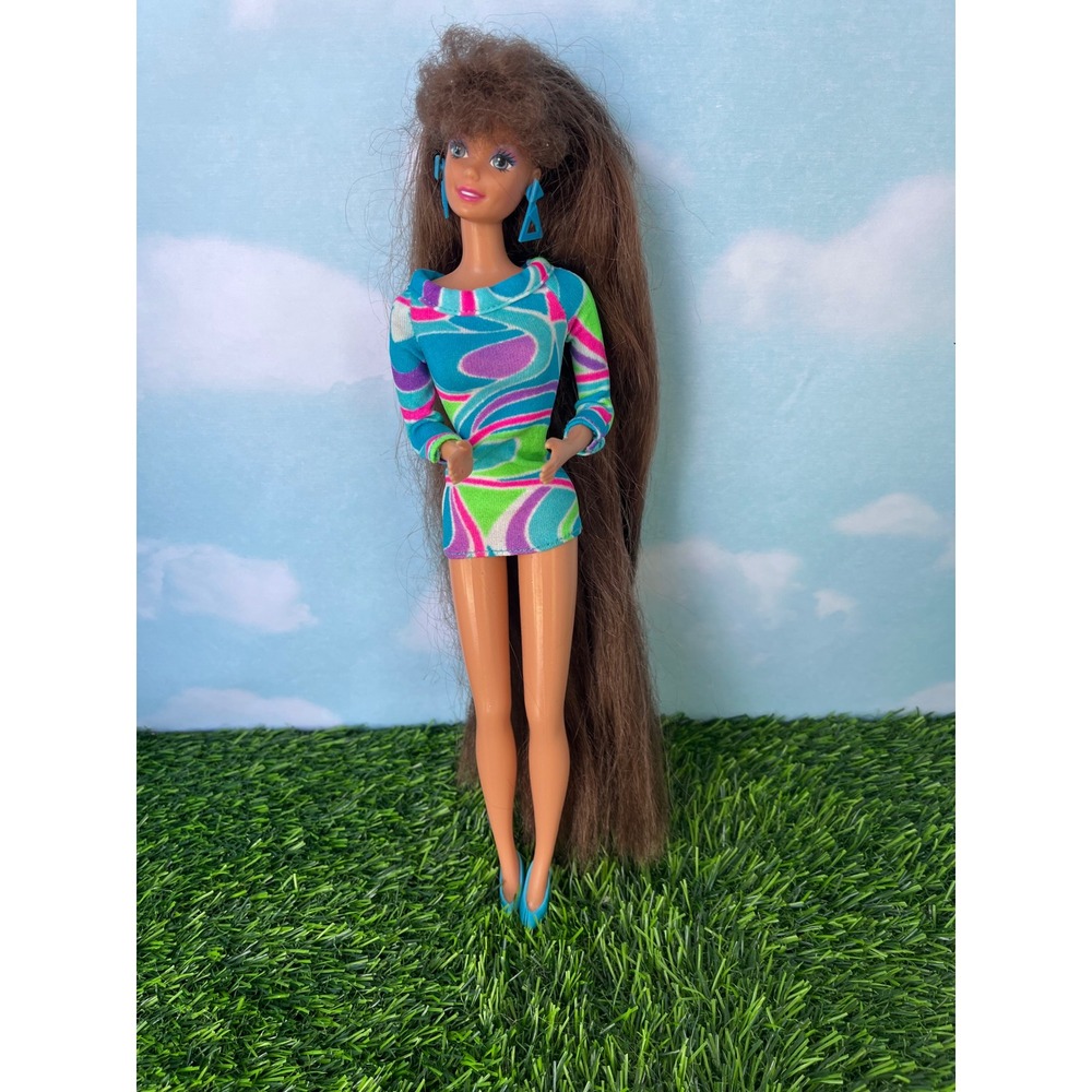 Vintage 1991 Mattel Totally Hair Barbie Brunette Doll Neon Swirl Dress 1117